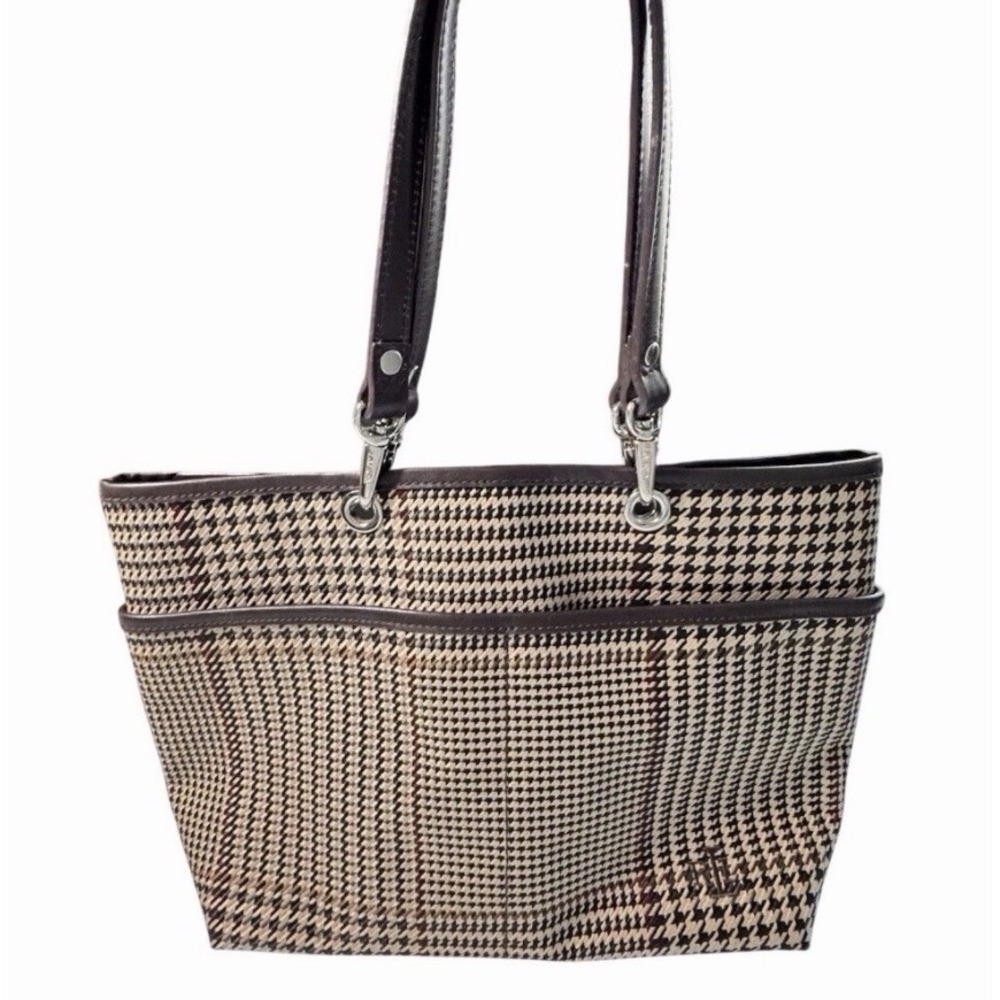 Vintage Lauren Ralph‎ Lauren Brown Houndstooth Preppy Tote HandBag Leather Trim
